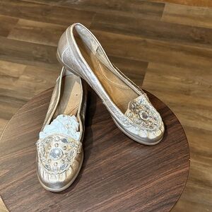 AEROSOLES Shimmering Gold Loafers with Jewel Accents
